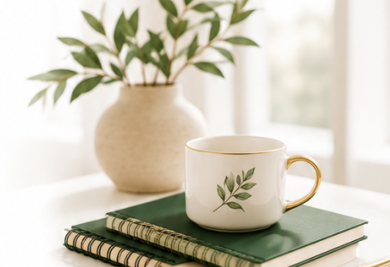 Calm wellness scene with greenery and journals